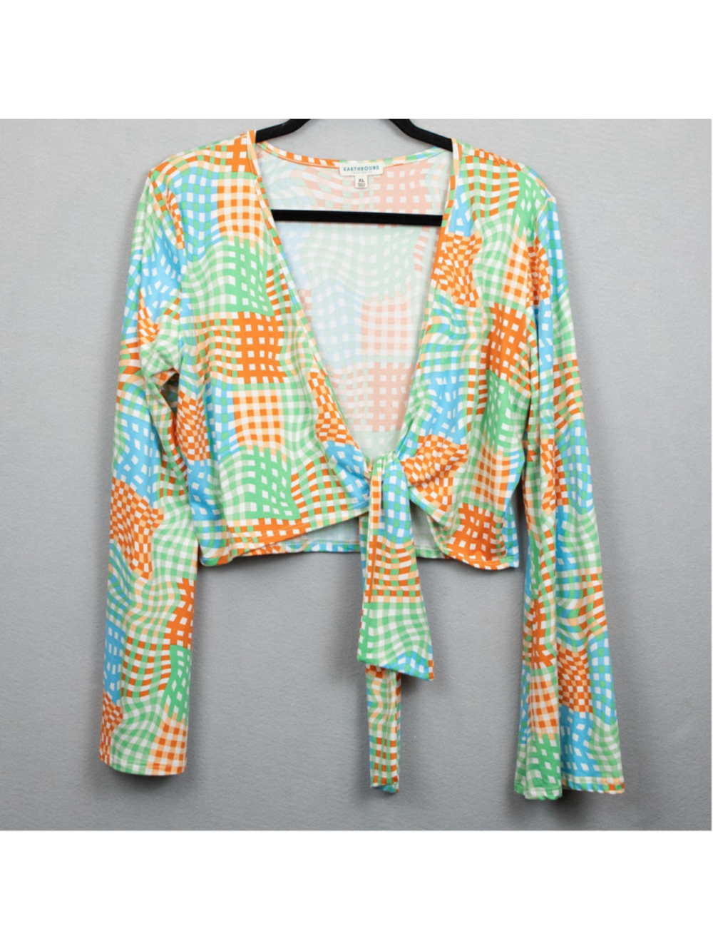 Earthbound Trading Co orange green tie front crop top-XL
